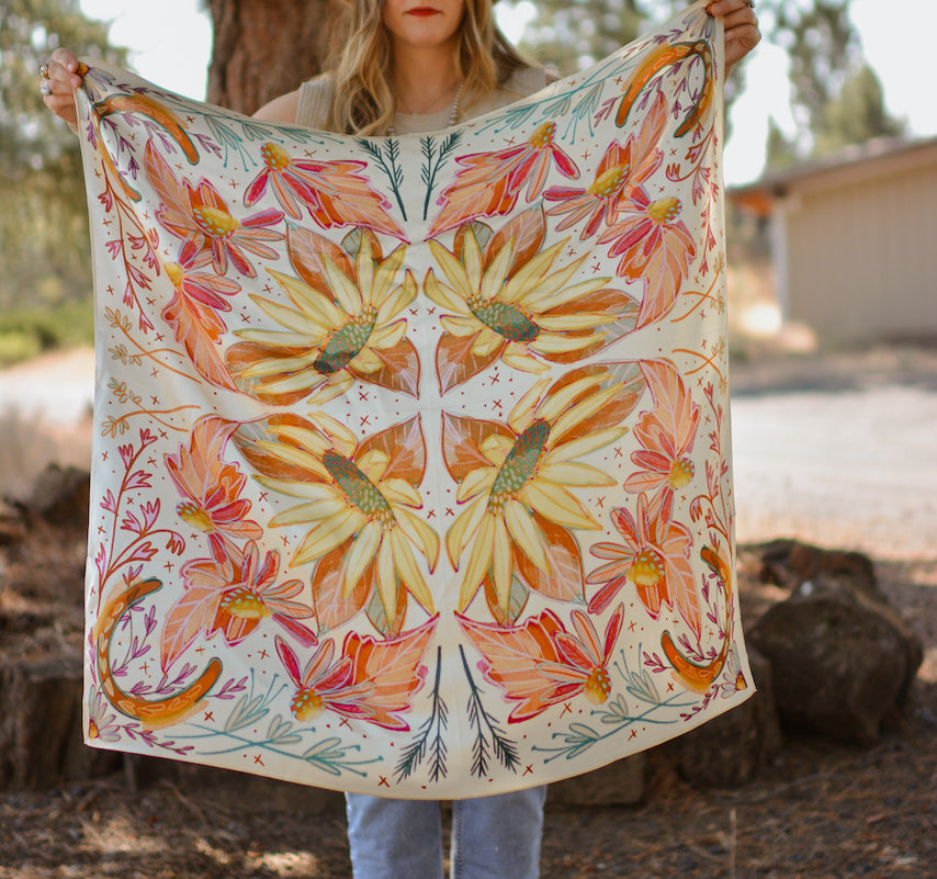 Large 100% Mulberry Silk 35x35: Lucky Wildflowers Cowgirl Western Scarf Wild Rag
